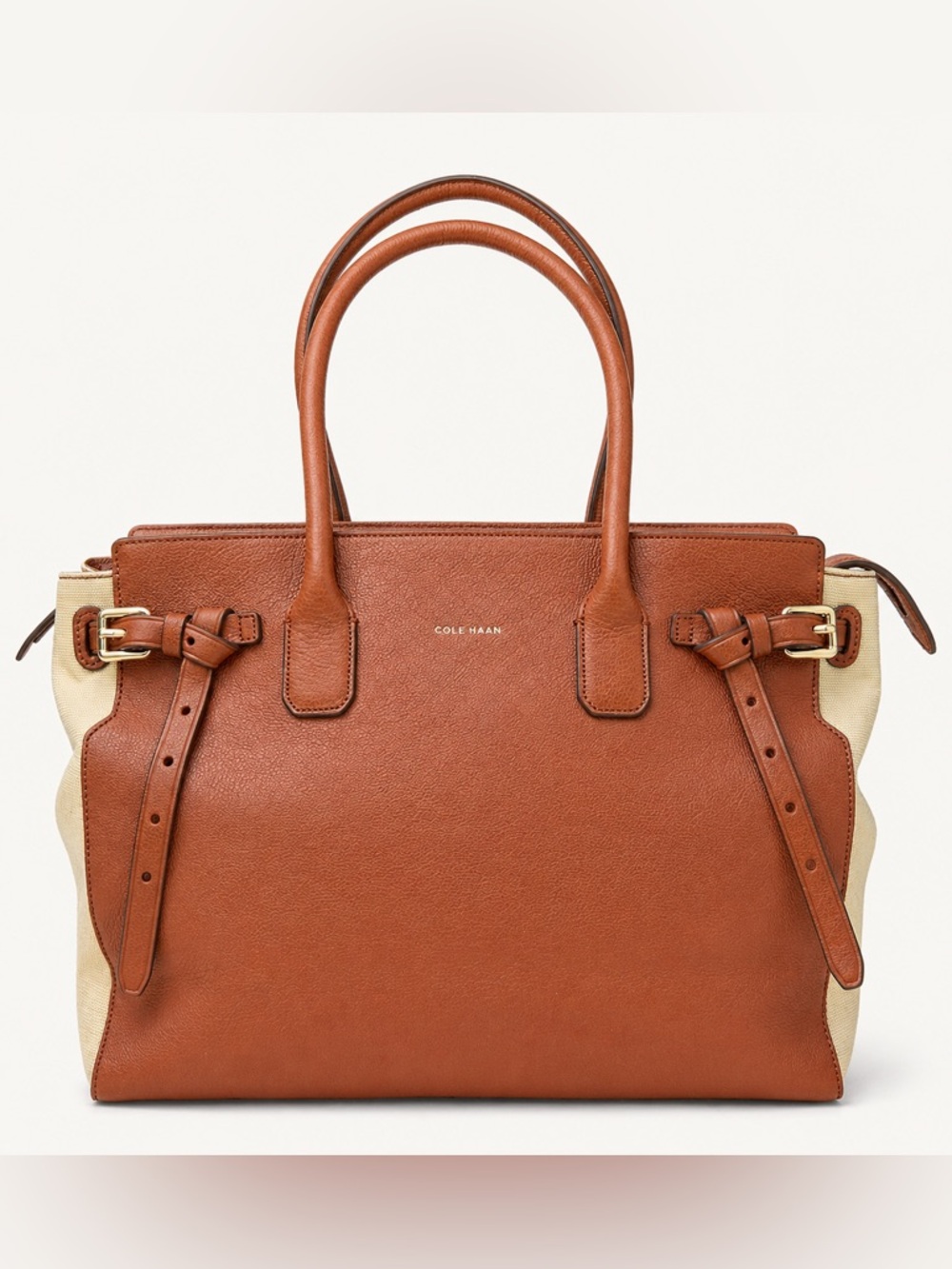Cole Haan Brown Leather Canvas Satchel Tote Bag w Dust Bag